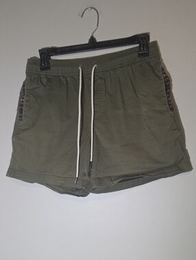Women's Olive Drawstring Athletic Shorts with Patterned Side Trim